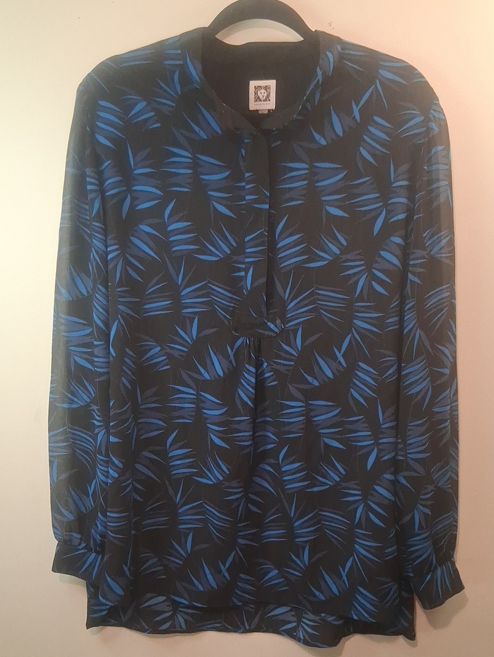 Anne Klein Black Blouse with Blue Leaf Print